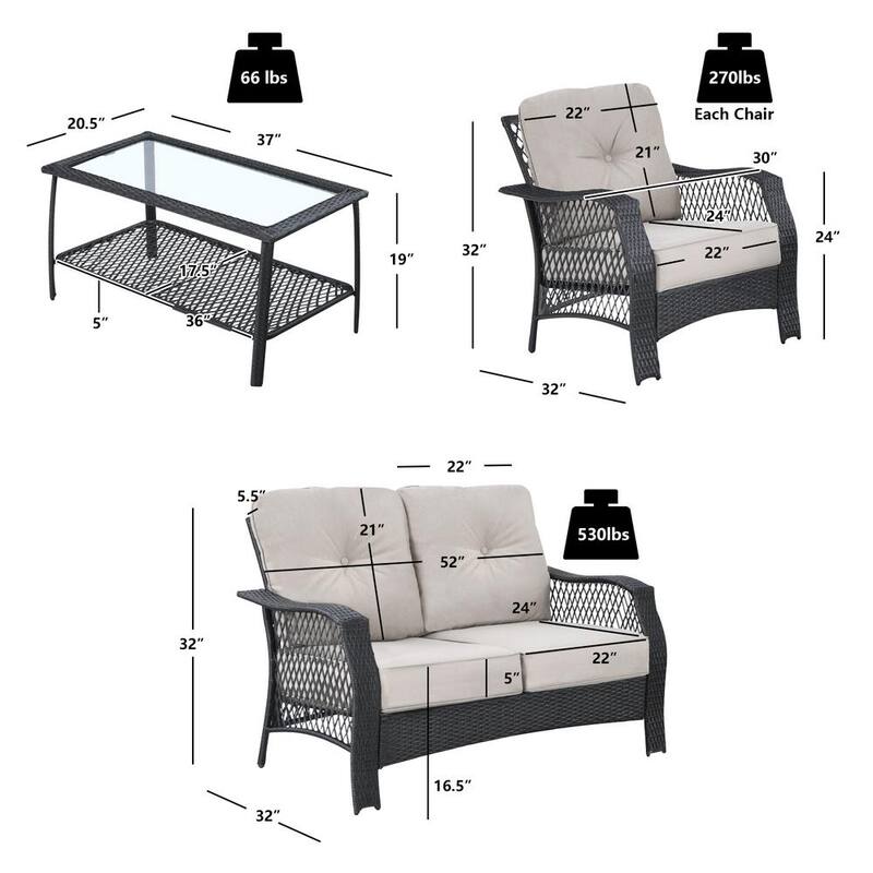 4PCS Wicker Patio Conversation Set Outdoor Rattan Furniture Set w/Tempered Glass Coffee Table and Beige Cushions