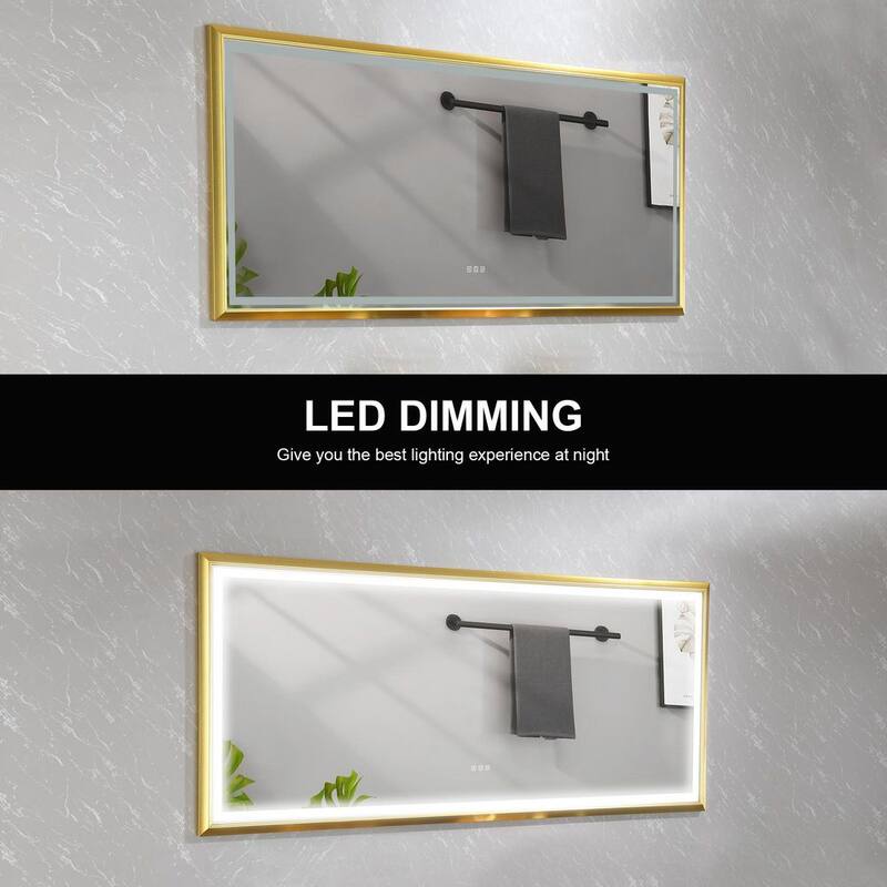 48 in. W x 30 in. H Large Rectangular Framed Dimmable Wall Bathroom Vanity Mirror in Brushed Gold