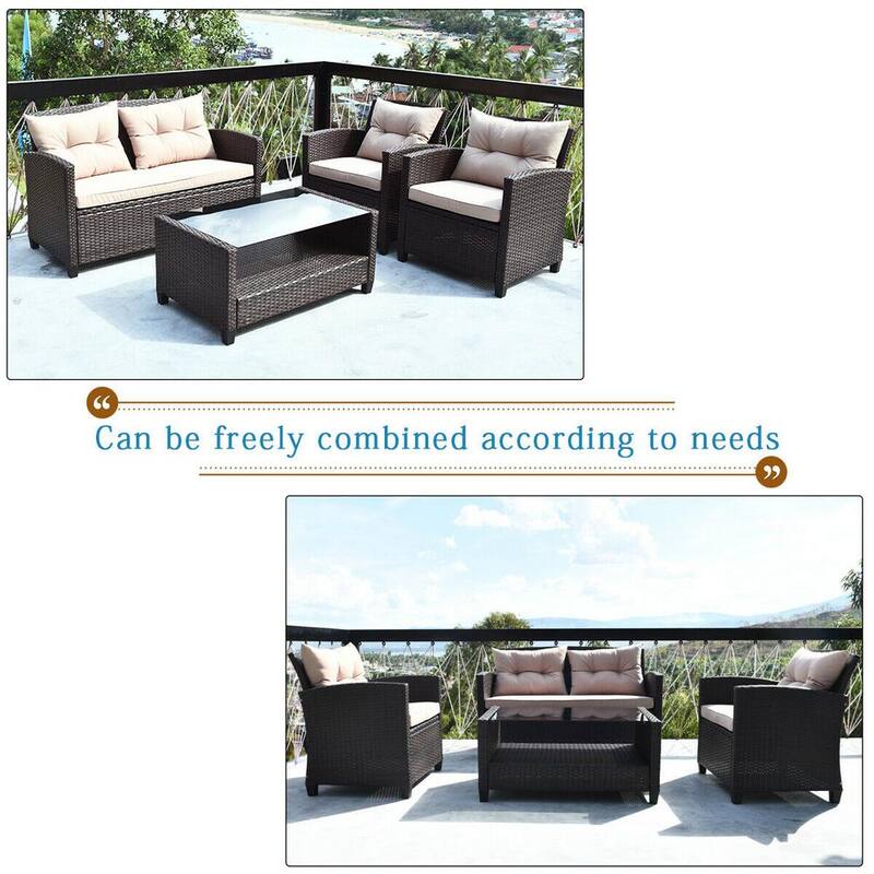 4-Piece PE Rattan Patio Conversation Set with Beige Cushions and Tempered Glass Coffee Table