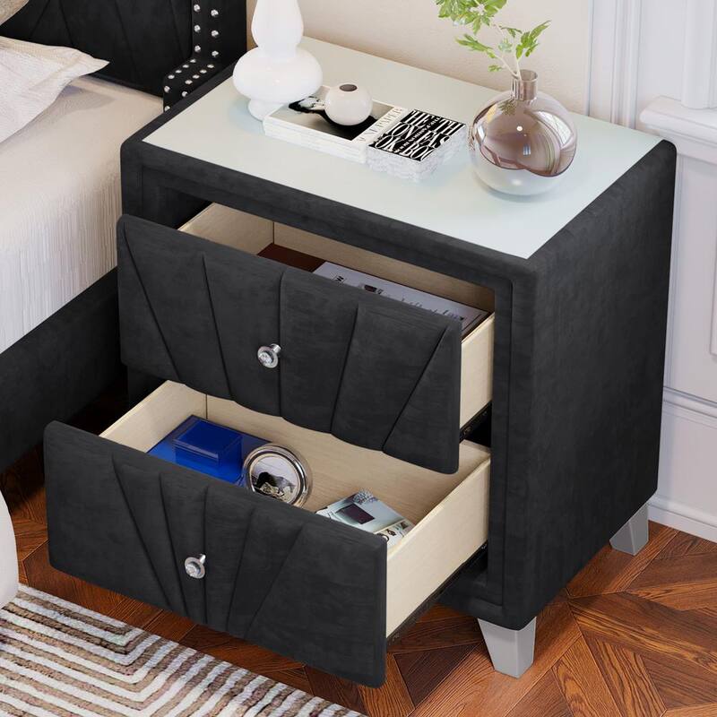 2-Drawer Black Nightstand 28 in. H x 26.8 in. W x 16.9 in. D Velvet Upholstered Glass Top End Table