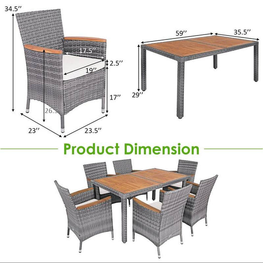 7-Piece Wood and Wicker Outdoor Dining Set Patio Acacia Furniture Set with Beige Cushions