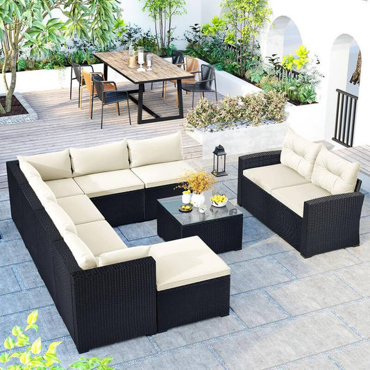 9-Piece Outdoor Wicker Patio Conversation Sofa Set with CushionGuard Beige Cushions for Poolside