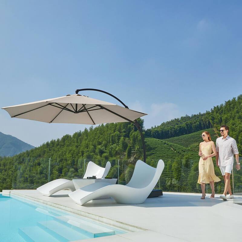 10 ft. Cantilever Deluxe Patio Umbrella Beige with Base Outdoor Large Hanging Curvy Umbrella with 360-Degree Rotation