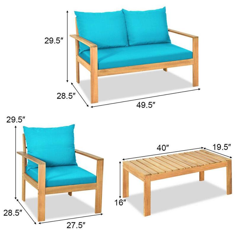 4-Piece Acacia Wood Patio Conversation Set with Turquoise Cushions and Wood Slat Top Table