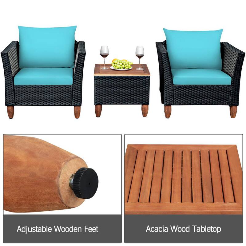 3 -Pieces Rattan Patio Conversation Sets Bistro Furniture Set with Turquoise Cushions