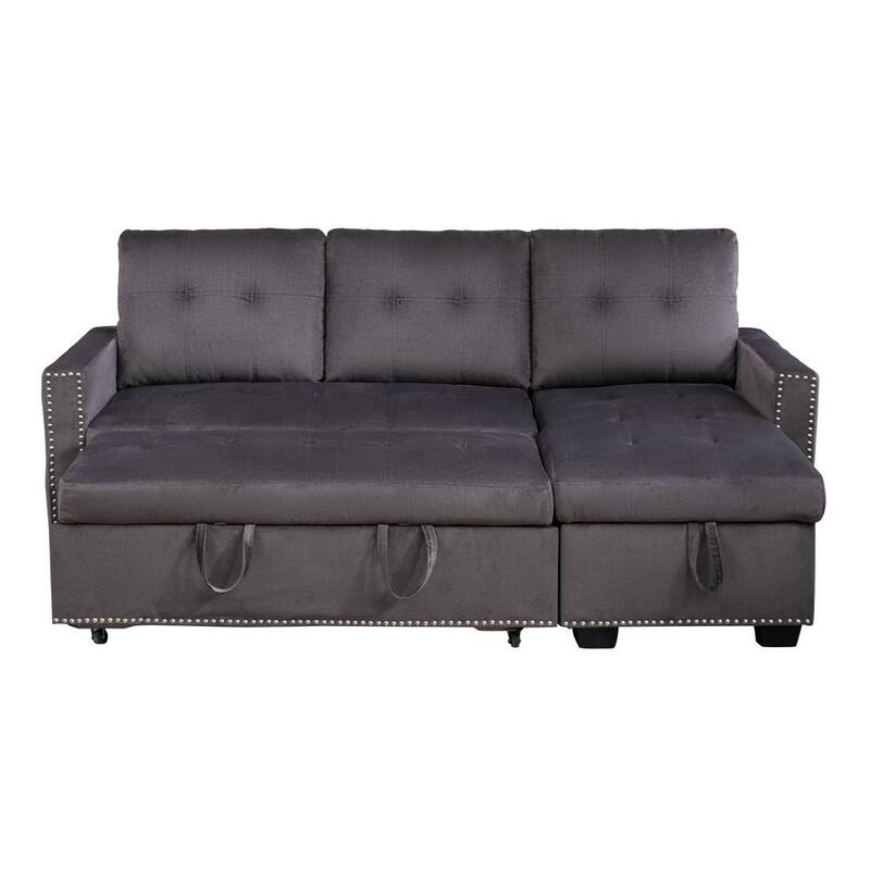 77 in. W Square Arm 2-Piece Dark Gray Velvet L Shaped Tufted Reversible Sectional Sofa w/Storage and Silver Nails