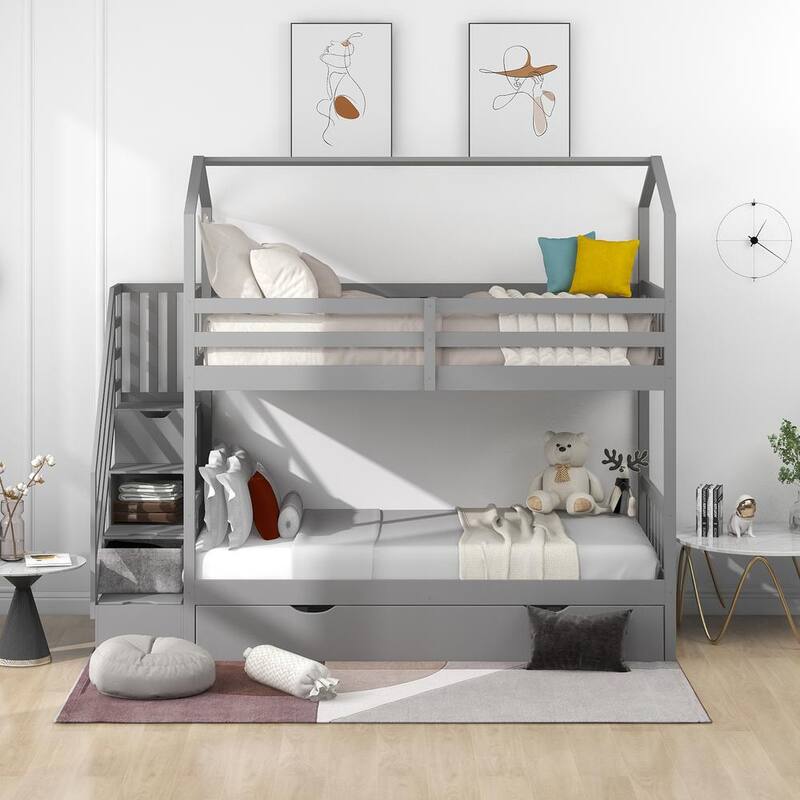 40 in. W Gray Multifunctional Twin Over Twin House Bunk Bed with Staircase and Storage Space