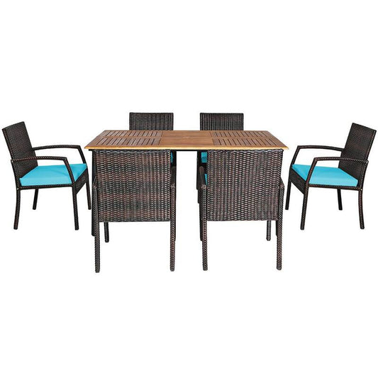 7-Piece Wicker Rectangular Outdoor Dining Set with Turquoise Cushions