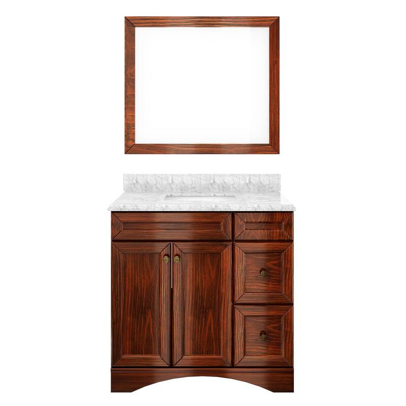 36 in. W x 22 in. D x 35.4 in. H Single Sink Freestanding Bath Vanity in Traditional Brown with Carrara Top and Mirror