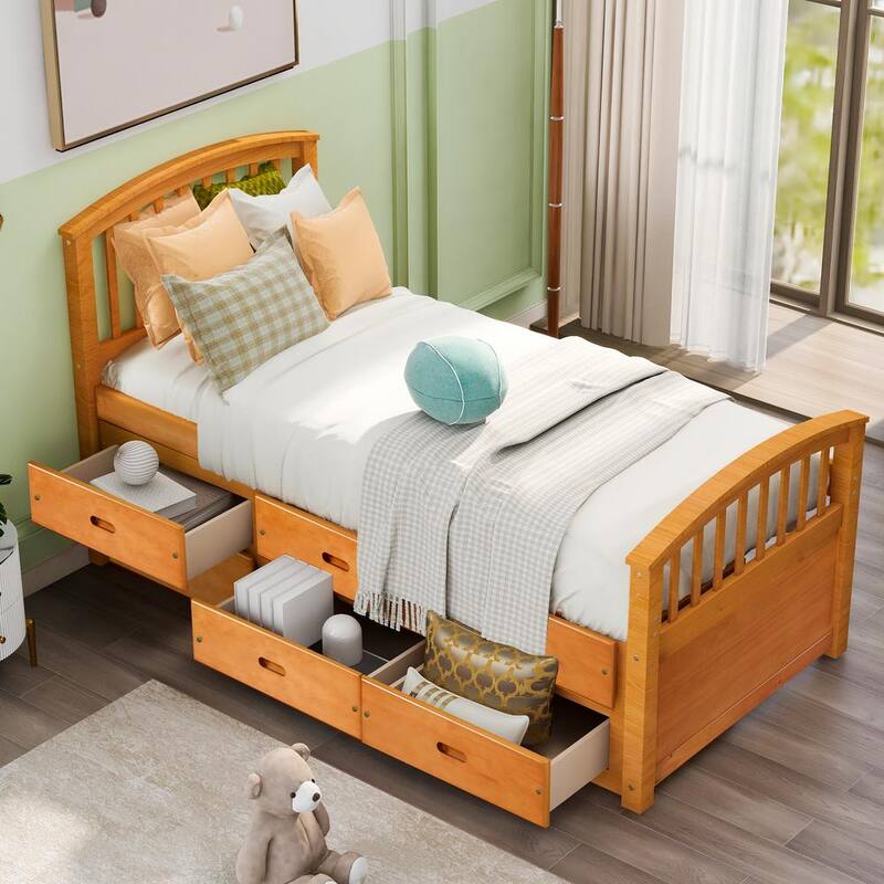 79 in. W Oak Twin Size Platform Storage Bed Solid Wood Bed with 6-Drawers