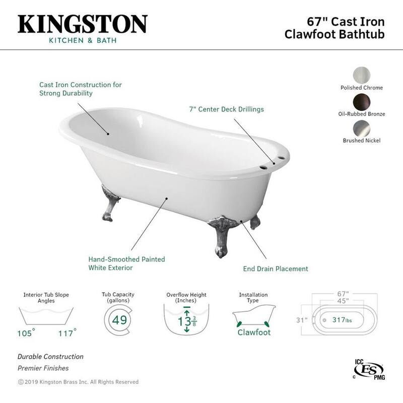 67 in. Cast Iron Single Slipper Clawfoot Bathtub in White with 7 in. Deck Holes Feet in Brushed Nickel