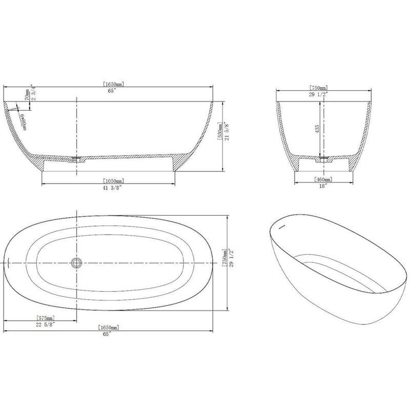 65 in. Solid Surface Stone Resin Flatbottom Thin Edge Bathtub in Matte White