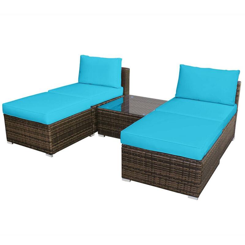 5-Piece Wicker Outdoor Sectional Set Patio Sofa Set Lounge Chair with Turquoise Cushions