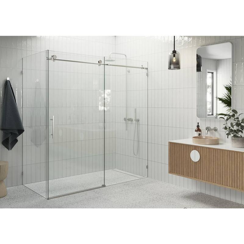 72 in. W x 78 in. H Rectangular Sliding Frameless Corner Shower Enclosure in Nickel with Clear Glass