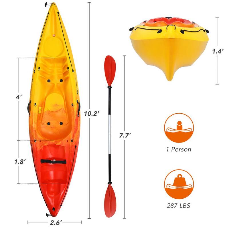 10.2 ft. Orange Single Sit-On-Top Kayak 1-Person Kayak Boat with Detachable Aluminum Paddle