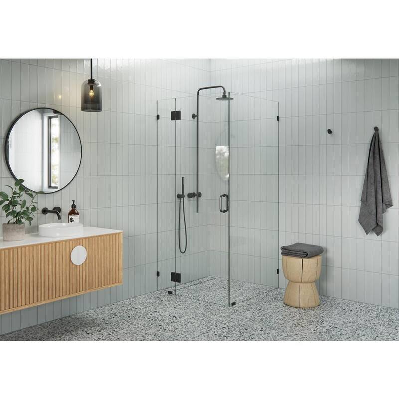 34 in. W x 32 in. D x 78 in. H Pivot Frameless Corner Shower Enclosure in Matte Black Finish with Clear Glass