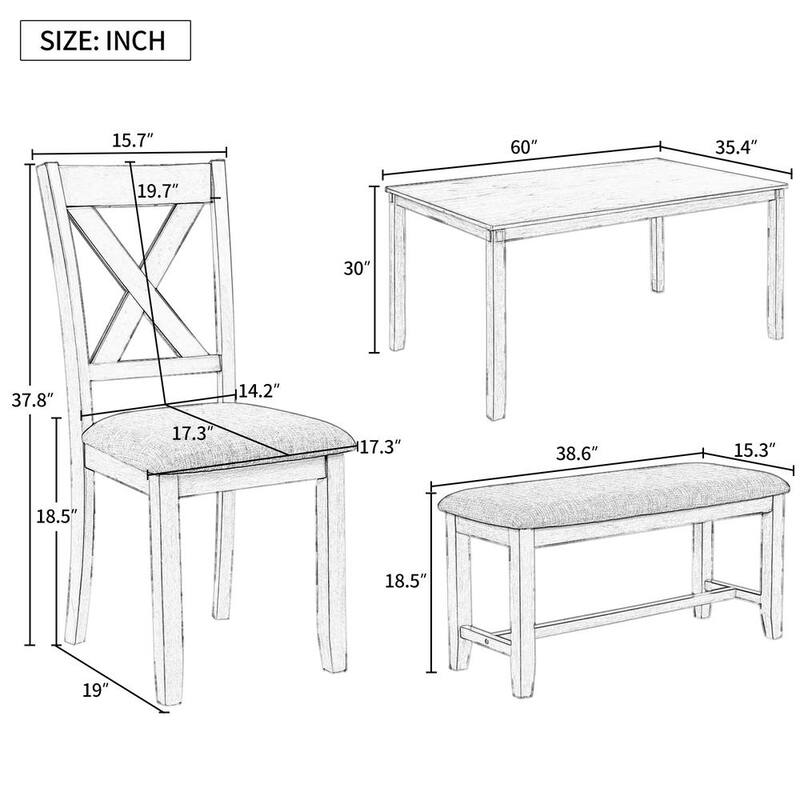 6-Piece Wood Top Gray Dining Table Set with 4-Dining Chairs and 1-Bench