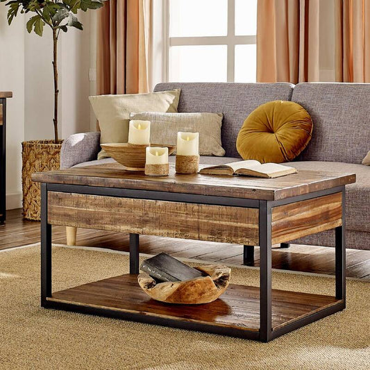 3-Piece 42 in. Brown/Black Large Rectangle Wood Coffee Table Set with Drawers