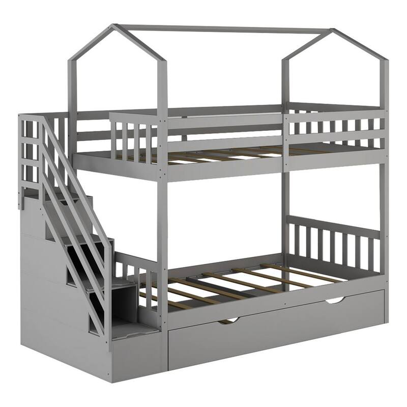 40 in. W Gray Multifunctional Twin Over Twin House Bunk Bed with Staircase and Storage Space