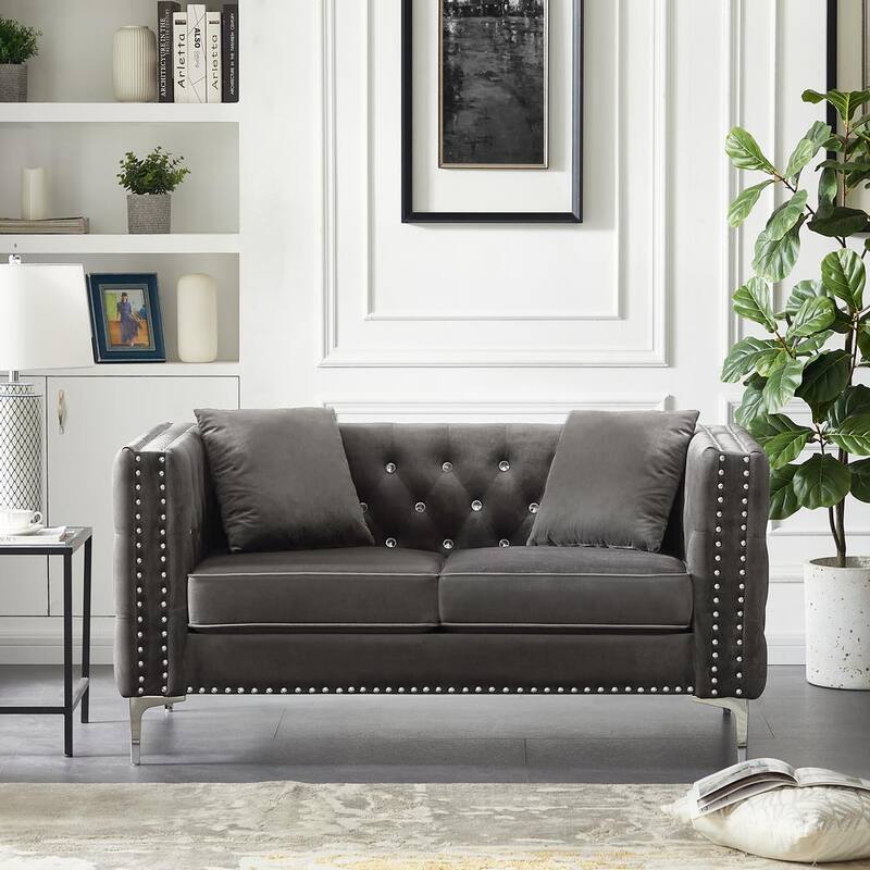 59.4 in. Black Velvet 2-Seater Loveseat with Diamond Button Tufted Backrest and Nail Head Modification 2 Pillows