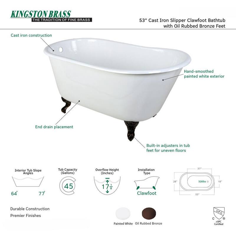 53 in. Cast Iron Oil Rubbed Bronze Claw Foot Petite Slipper Tub in White