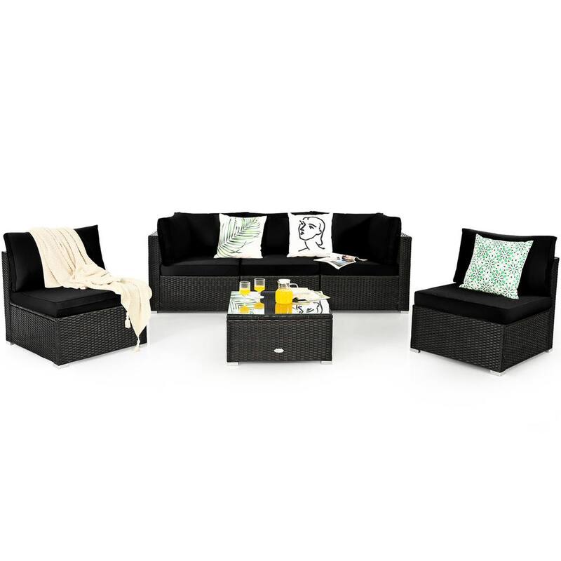 6-Pieces Rattan Outdoor Sectional Sofa Set Patio Furniture Set with Black Cushions