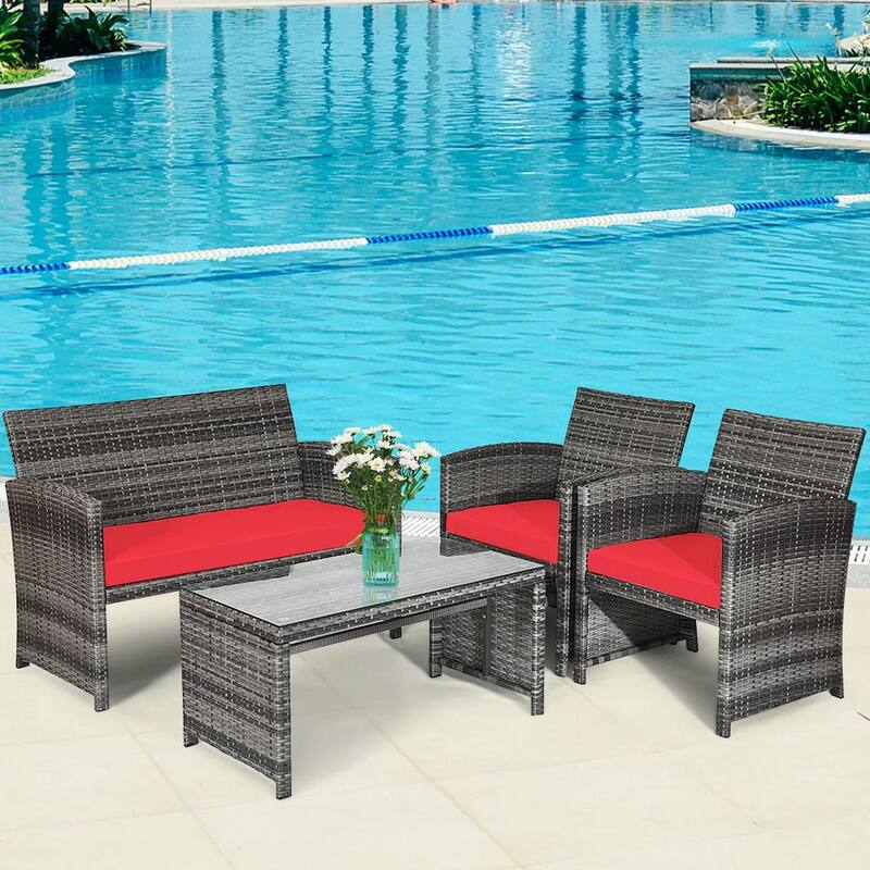 8-Piece Wicker Patio Conversation Set Rattan Furniture Sofa Set with Red Cushions