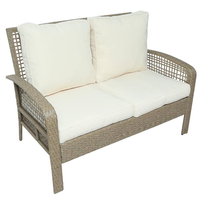 4-Piece Beige brown Rattan Sofa Seating Group with Beige Cushions