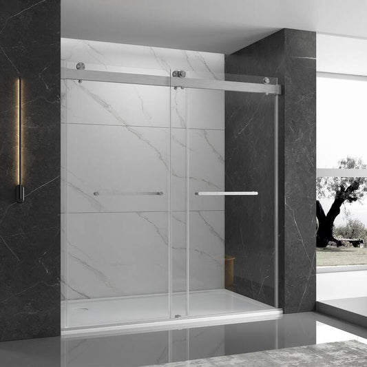 48 in. W x 76 in. H Double Sliding Frameless Shower Door in Stainless Steel Finish with Clear Glass