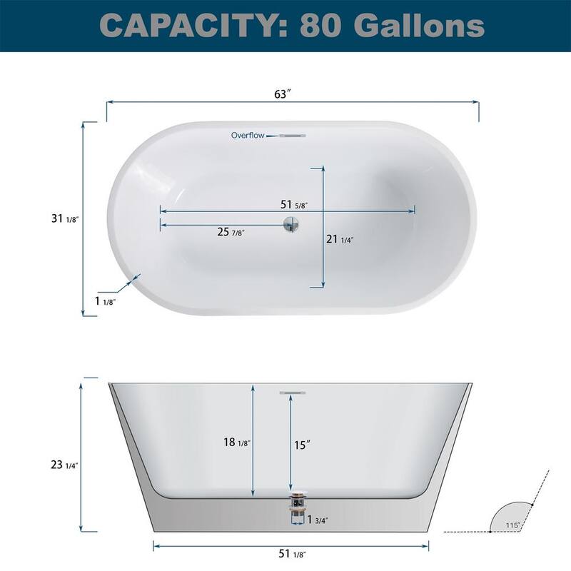 63 in. Acrylic Oval Freestanding Flatbottom Non-Whirlpool Double Slipper Soaking Bathtub in White