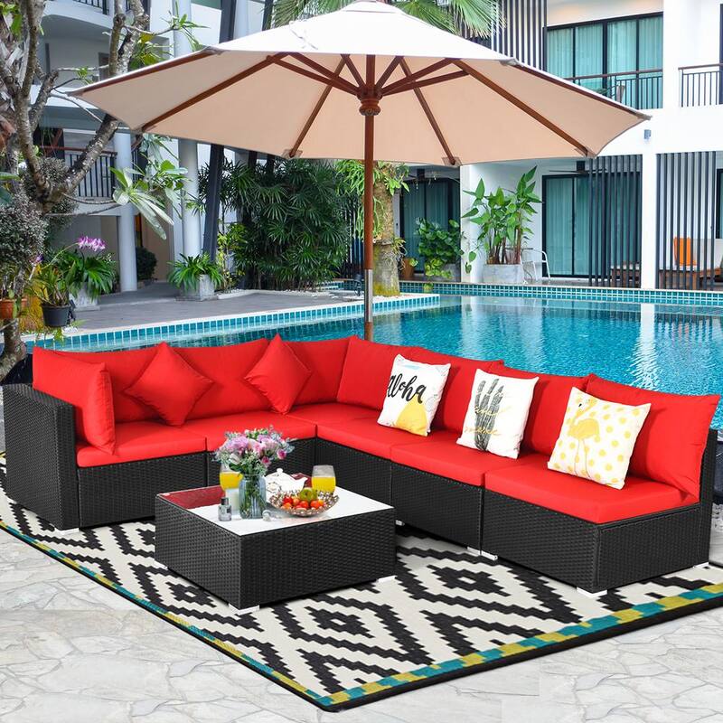 7-Piece Wicker Outdoor Sectional Set with Cushion Red