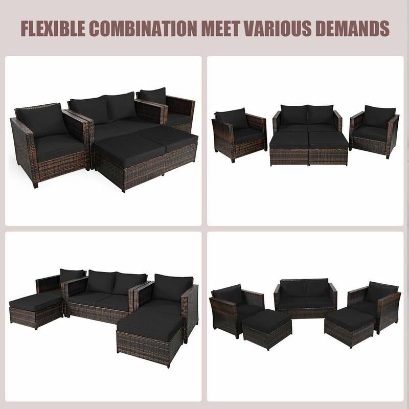 5-Piece Wicker Patio Conversation Set with Black Cushions and 2 Ottomans