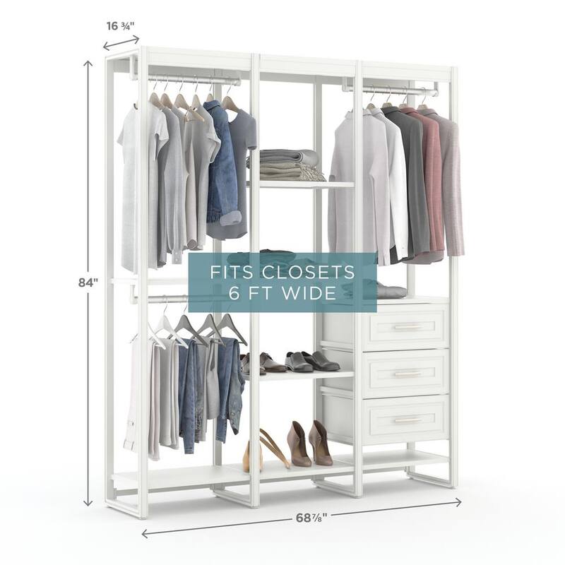 68.5 in. W White Adjustable Tower Wood Closet System with 3 Drawers and 11 Shelves