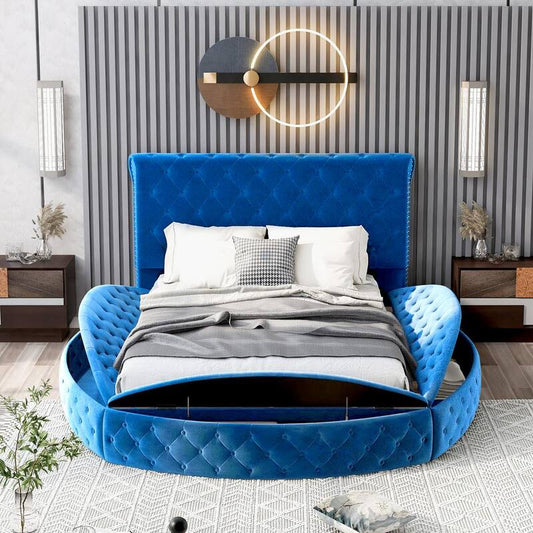 82 in.W Blue Full Size Round Velvet Upholstered Low Profile Platform Bed with Storage Space on Both Sides and Footboard