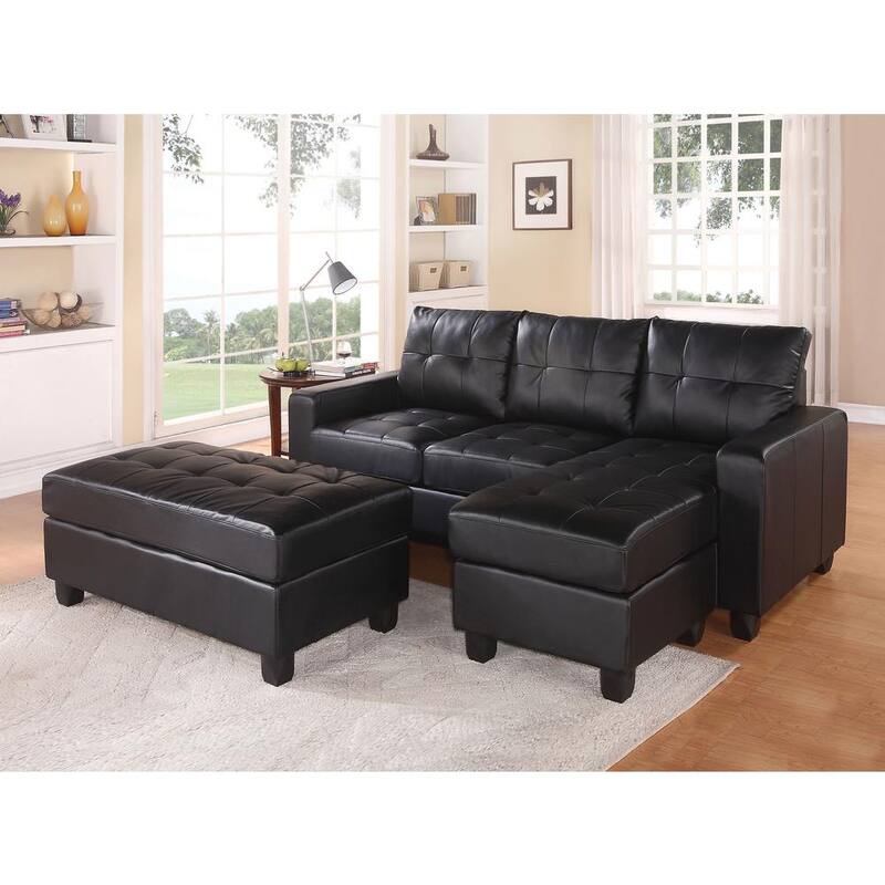 83 in. W Black Square Arm 3-Piece Bonded Leather Match L-shape Sectional Sofa With Ottoman in Black Family