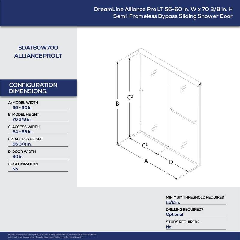 Alliance Pro LT 56 in. - 60 in. x 70-3/8 in. Semi-Frameless Sliding Shower Door in Chrome