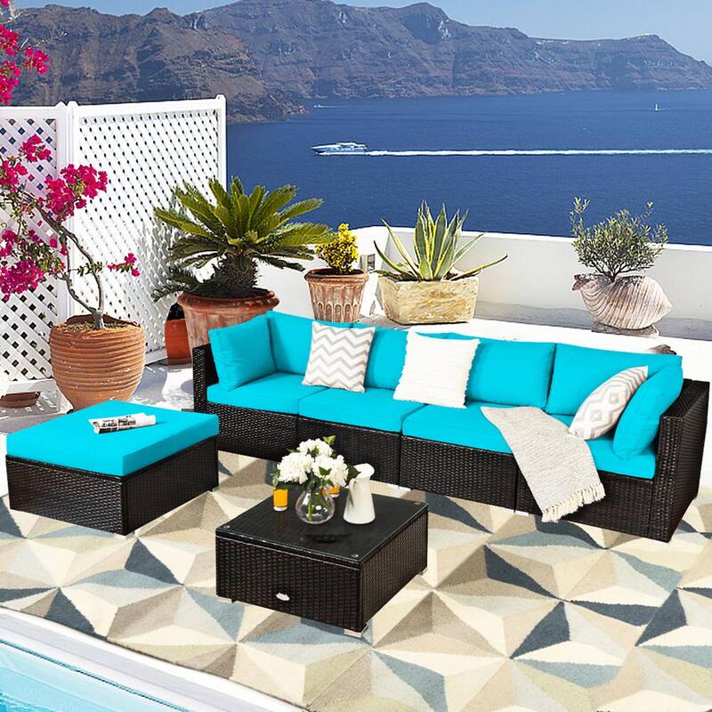 6-Piece Wicker Rattan Patio Outdoor Sectional Sofa Set Outdoor Furniture Set with Turquoise Cushions