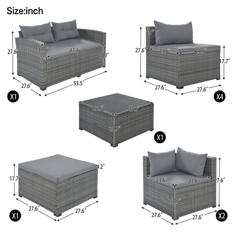 9-Piece Outdoor Wicker Patio Conversation Sofa Set with CushionGuard Gray Cushions for Poolside