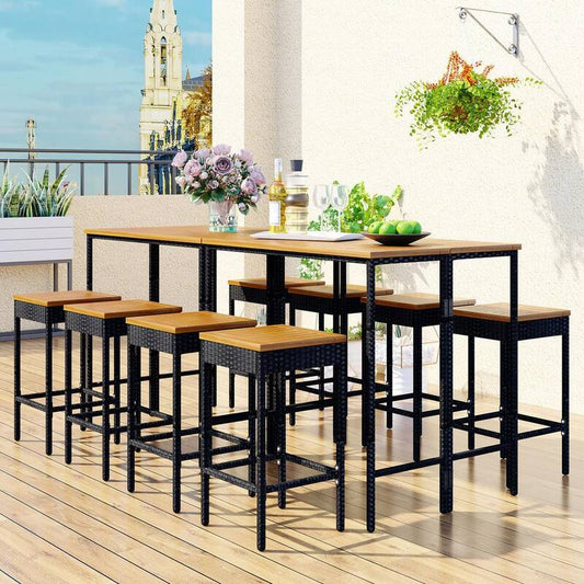 10-Piece Wicker Patio Outdoor Serving Bar Set with Acacia Wood Table Top and Bar Stool