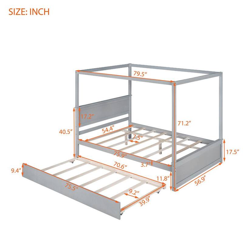 79.50 in. W Gray Full Size Wood Canopy Platform Bed with Trundle Bed No Box Spring Needed