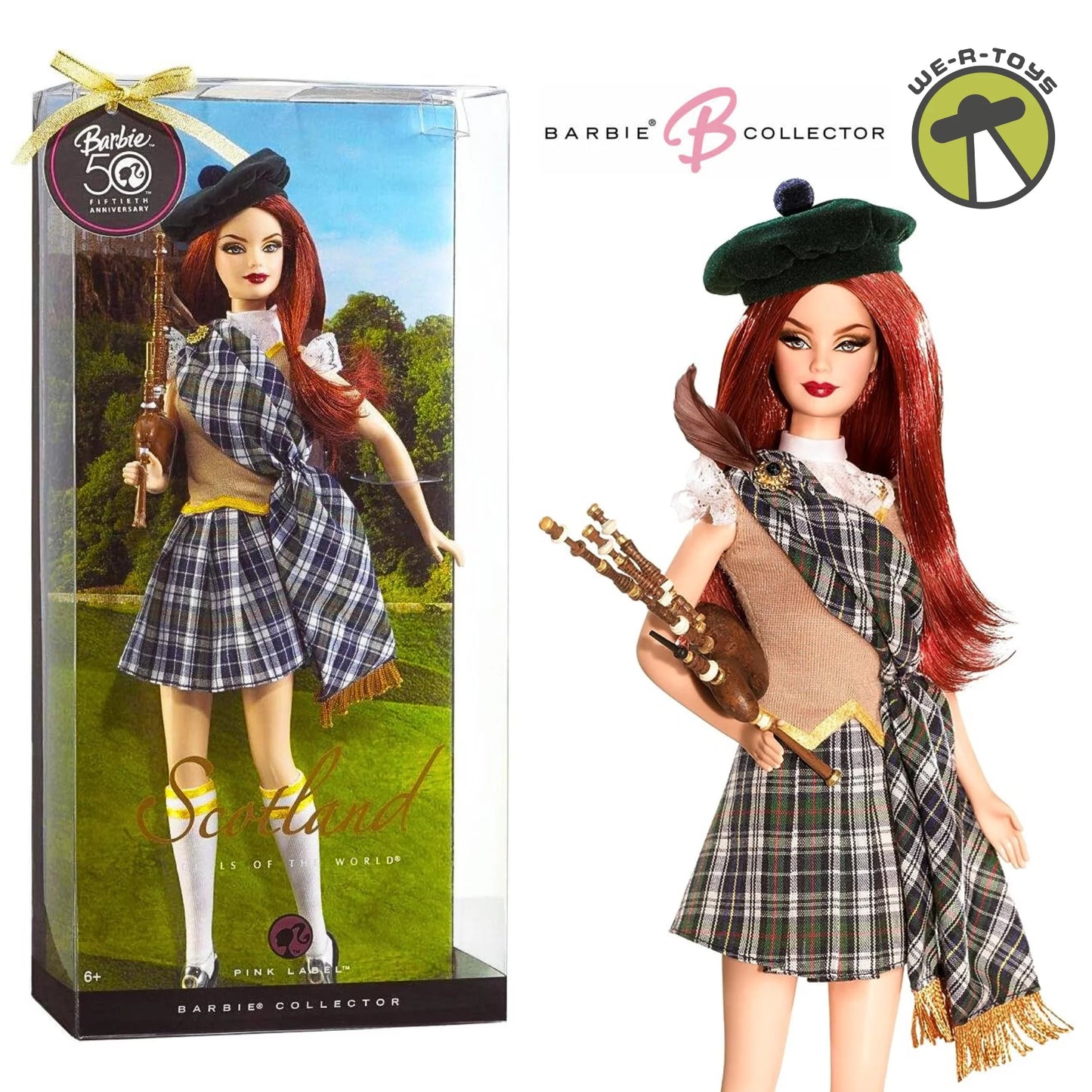 2008 Mattel Barbie Dolls of the World Scotland Pink Label NRFB N4973 with bagpipes accessory