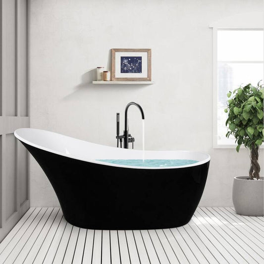 53.9 in. Fiberglass Flatbottom Freestanding Bathtub with Tub Filler Combo in Glossy Black