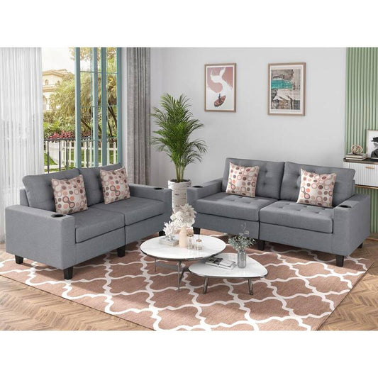 2-Piece Polyester Top Gray Bar Table Set Sofa and Loveseat Set with Tufted Thick Cushions and 2-Tossing Cushions