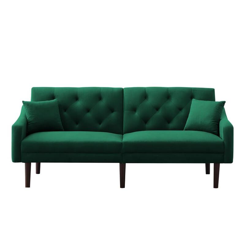 72.8 in. W Green Velvet Twin Size Sofa Bed Futon Sofa Sleeper with 2 Pillows