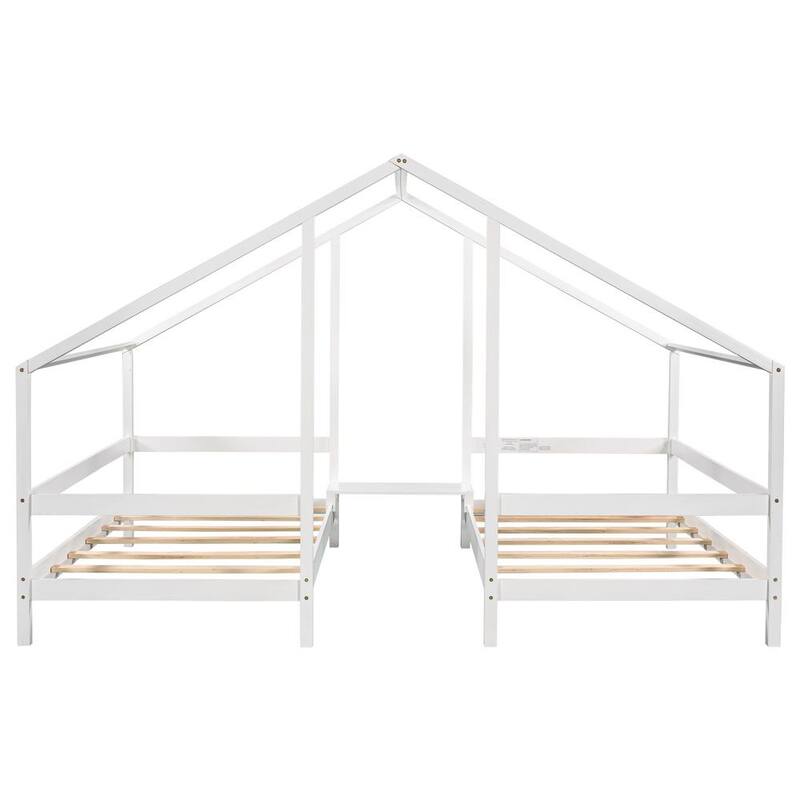 107 in. W White Twin Non-upholstered Wood Frame Canopy Bed Triangular House Beds with Built-in Table