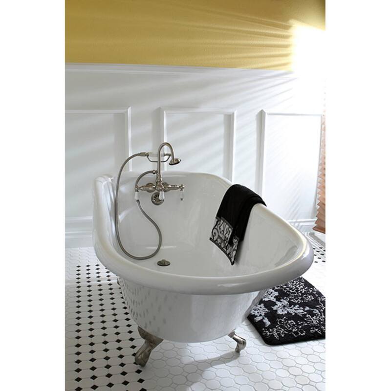 60 in. Cast Iron Brushed Nickel Roll Top Clawfoot Bathtub with 3-3/8 in. Centers in White