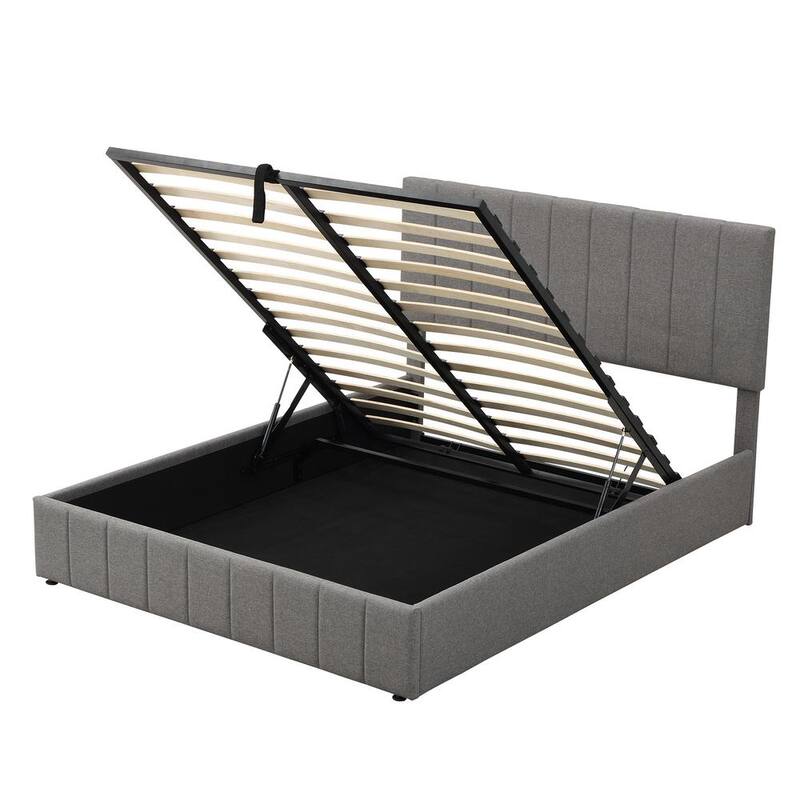 83 in.W Gray Queen Size Upholstered Platform Bed with Storage Underneath Wooden Bed Frame with Hydraulic Storage System