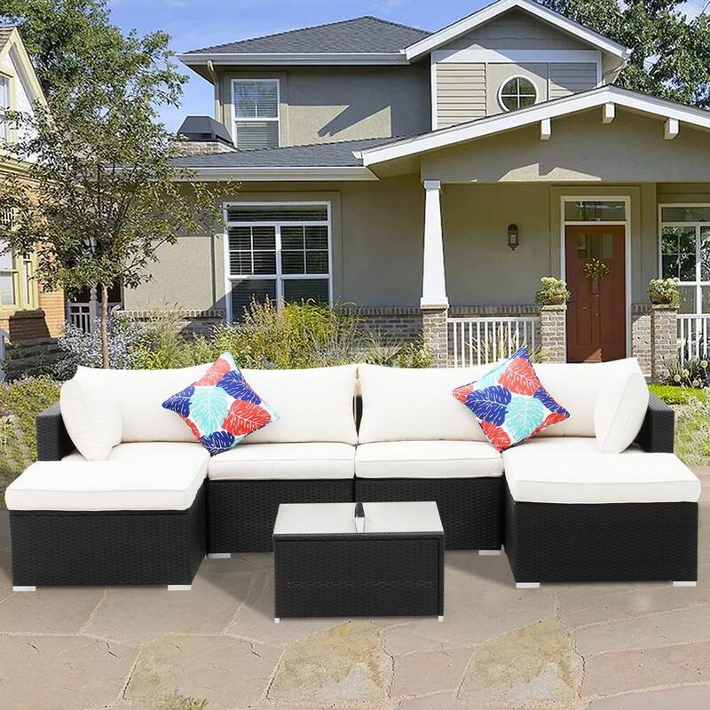 7-Piece Rattan Patio Conversation Set with White Cushions