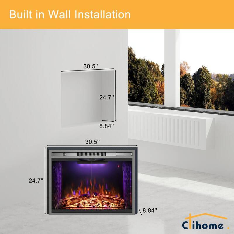 30.5 in. W Black Electric Fireplace Inserted with Combustion Sounds