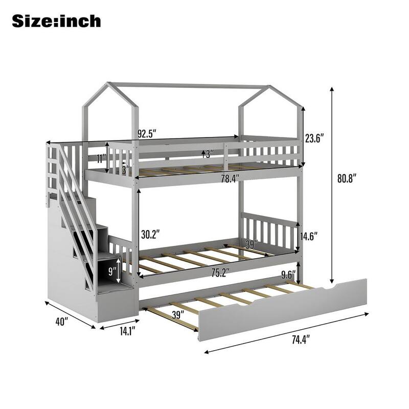 40 in. W Gray Multifunctional Twin Over Twin House Bunk Bed with Staircase and Storage Space